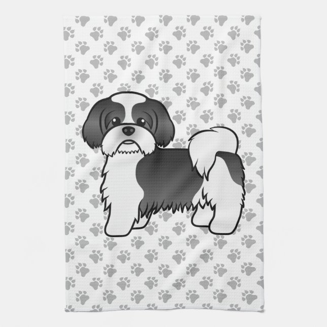 Black And White Shih Tzu Cute Cartoon Dog Tea Towel (Vertical)