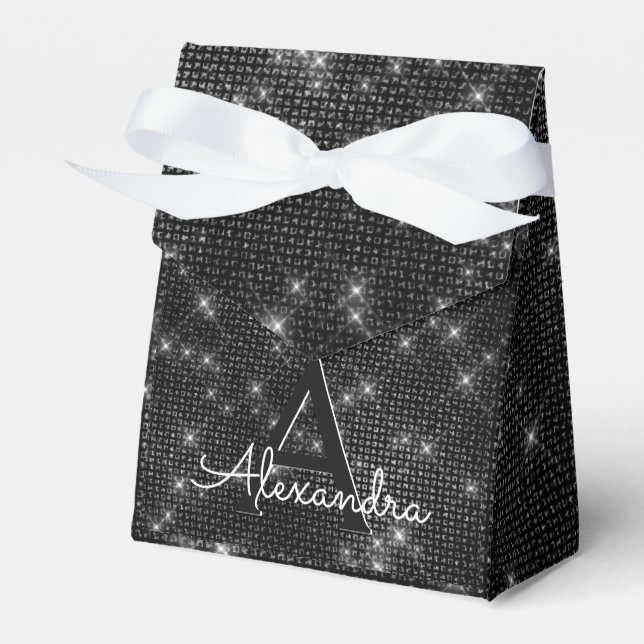 Black and White Shimmer Monogram - Add Your Name Favour Box (Front Side)