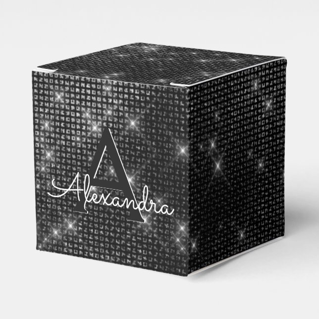 Black and White Shimmer Monogram - Add Your Name Favour Box (Front Side)