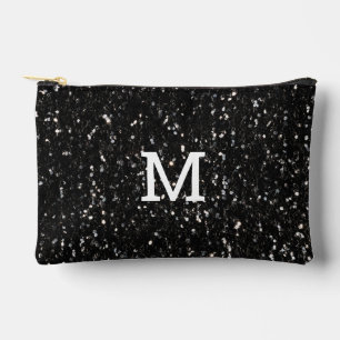 Black and white shiny glitter sparkles Monogram Accessory Pouch