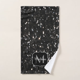 Black and white shiny glitter sparkles Monogram Bath Towel Set
