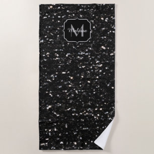 Black and white shiny glitter sparkles Monogram Beach Towel