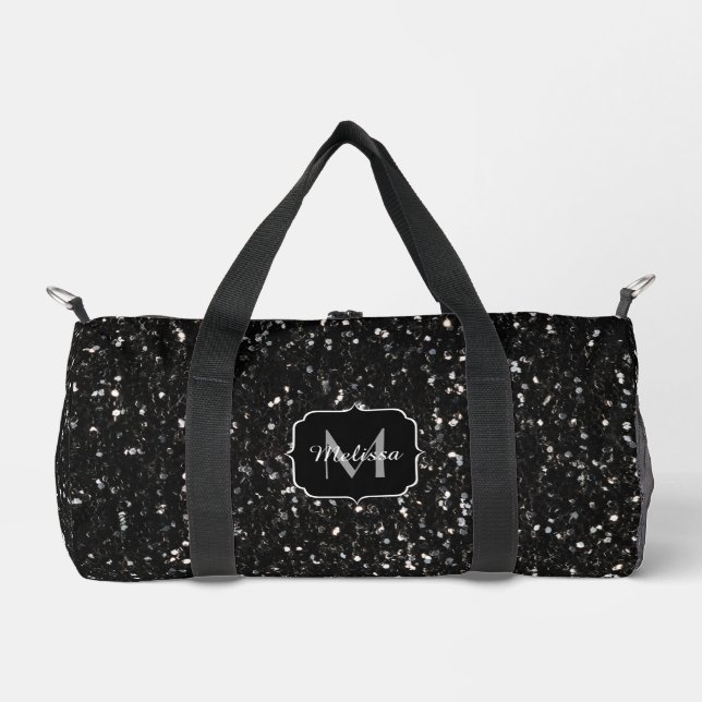 Black and white shiny glitter sparkles Monogram Duffle Bag (Front)