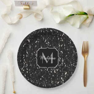 Black and white shiny glitter sparkles Monogram Paper Plate