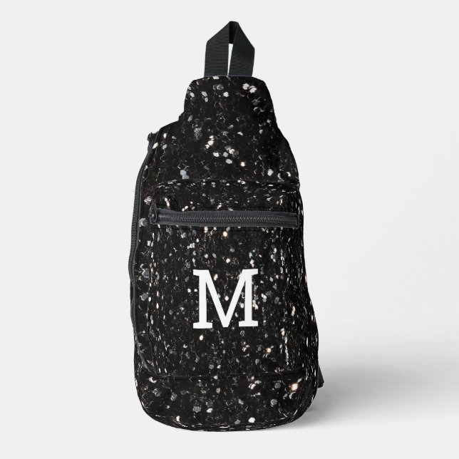 Black and white shiny glitter sparkles Monogram Sling Bag (Front)