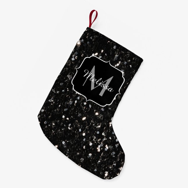 Black and white shiny glitter sparkles Monogram Small Christmas Stocking (Front (Hanging))