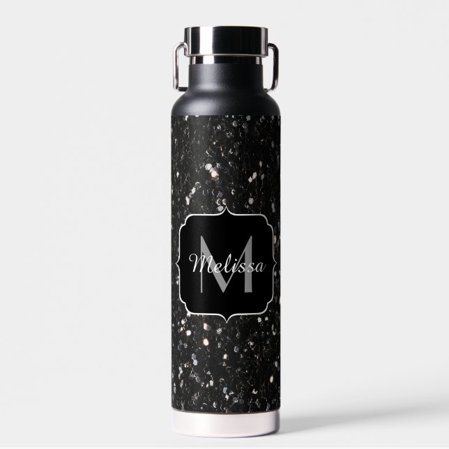 Black and white shiny glitter sparkles Monogram Water Bottle (Front)
