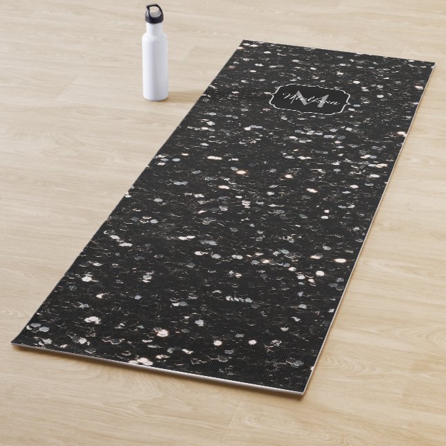 Black and white shiny glitter sparkles Monogram Yoga Mat (In Situ)