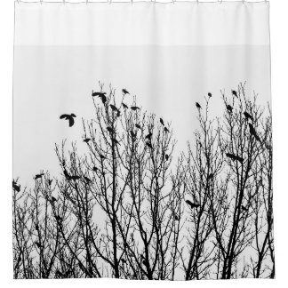 Black and White Shower Curtain, Bird, Trees Photo Shower Curtain