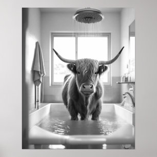 Black and White Showering Highland Cow Bathroom Poster