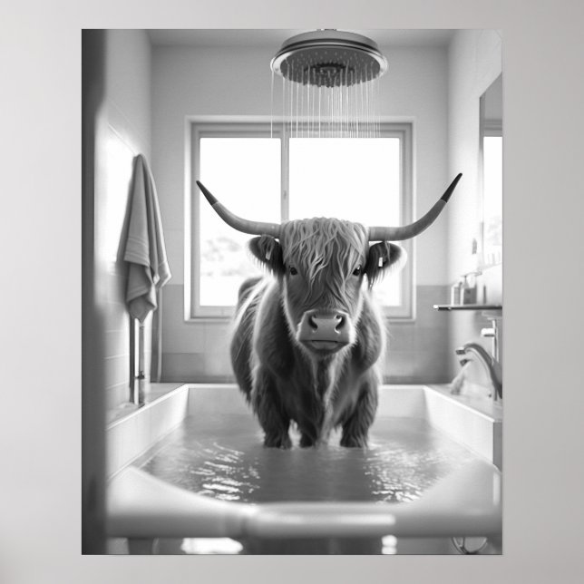 Black and White Showering Highland Cow Bathroom Poster (Front)