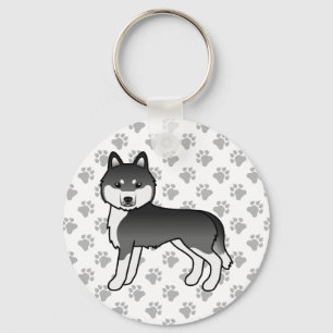 Black And White Siberian Husky Cartoon Dog & Paws Key Ring