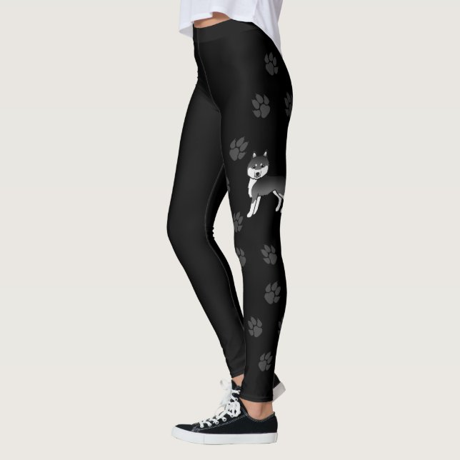 Black And White Siberian Husky Cartoon Dog & Paws Leggings (Left)
