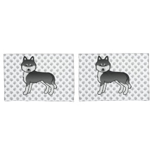 Black And White Siberian Husky Cartoon Dog & Paws Pillowcase