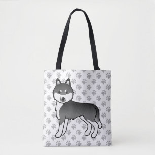 Black And White Siberian Husky Cartoon Dog & Paws Tote Bag