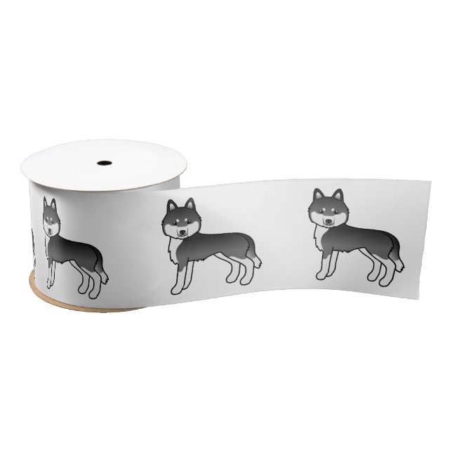 Black And White Siberian Husky Cute Cartoon Dog Satin Ribbon (Spool)