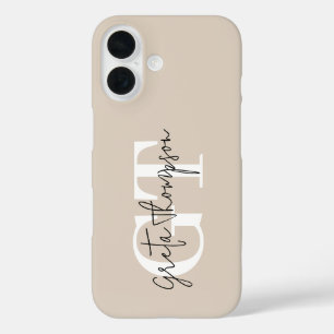 Black and White Signature Name Monogram Beige iPhone 16 Case