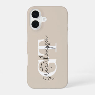 Black and White Signature Name Monogram Beige iPhone 16 Case