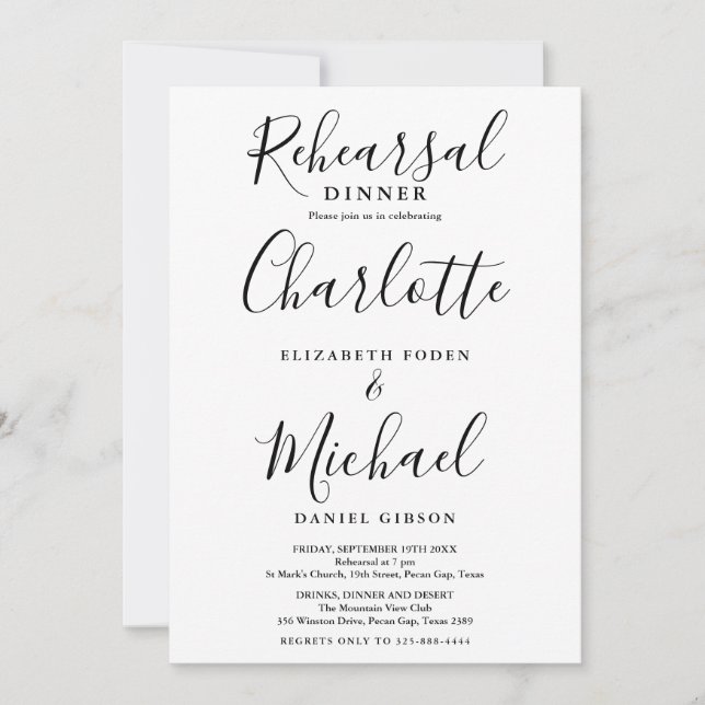Black And White Signature Script Rehearsal Dinner Invitation (Front)