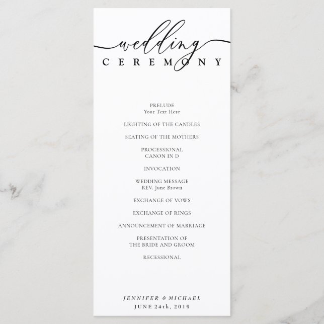 Black and White Signature Script Wedding Ceremony Programme (Front)