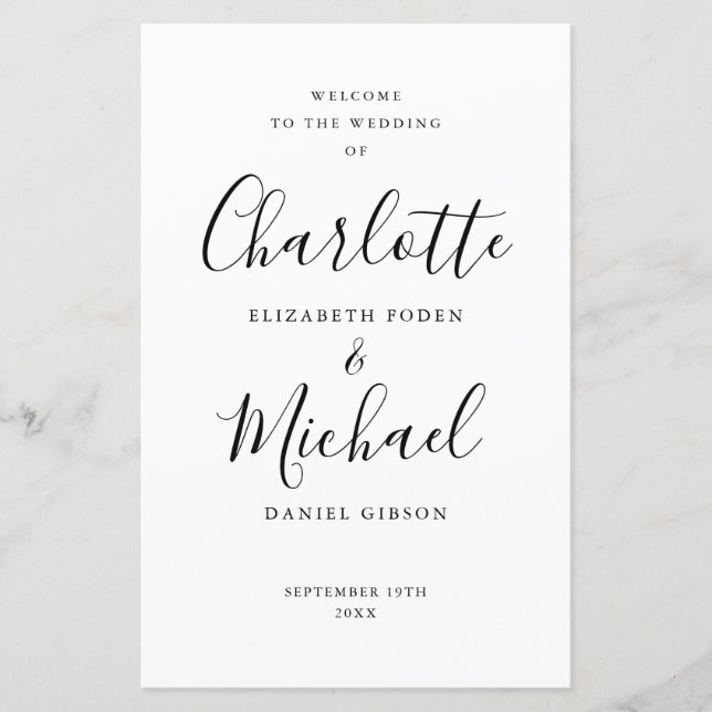 Black And White Signature Script Wedding Program (Front)