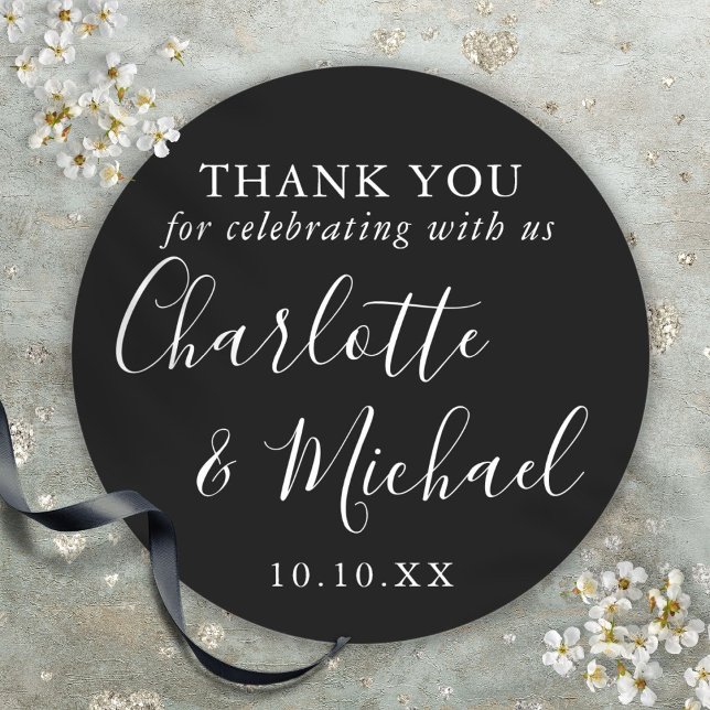 Black And White Signature Wedding Favour Thank You Classic Round Sticker (Black And White Signature Wedding Favor Thank You Classic Round Sticker)