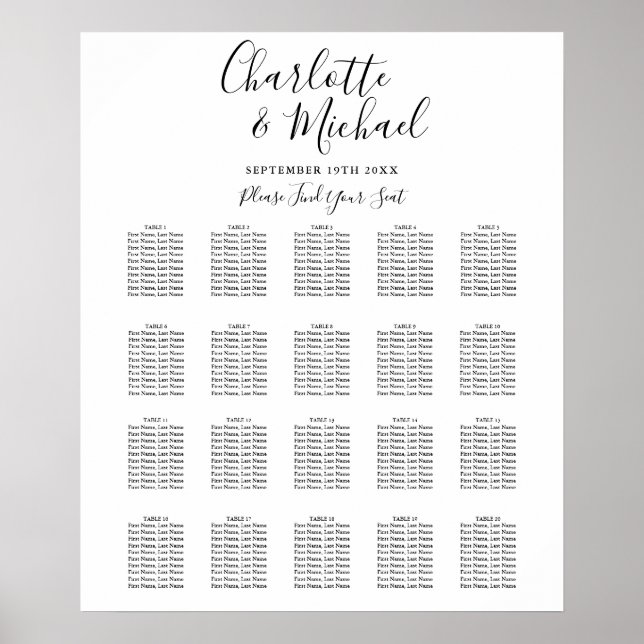 Black And White Signature Wedding Seating Chart (Front)