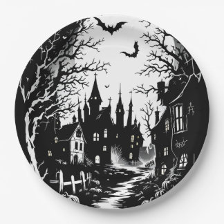 Black and White Silhouette-Haunted Town Paper Plate