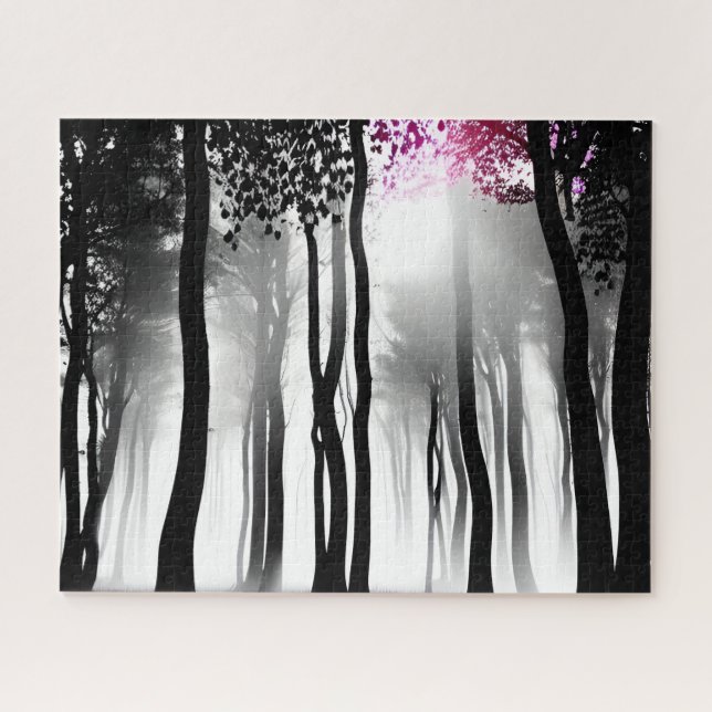 Black and White Silhouette Trees and Purple Splash Jigsaw Puzzle (Horizontal)