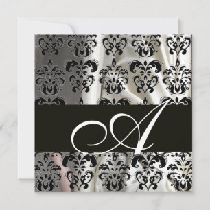 BLACK AND WHITE SILK DAMASK CLOTH MONOGRAM , white Invitation
