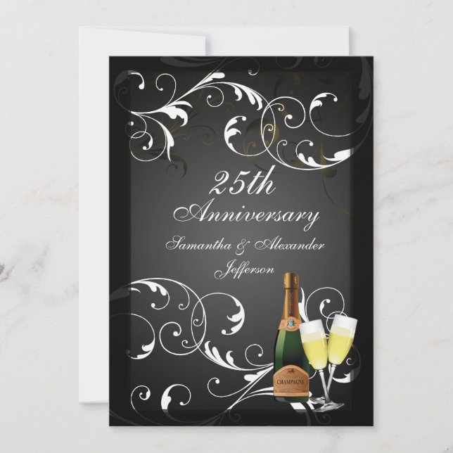 Black and White Silver Champagne Anniversary Invitation (Front)
