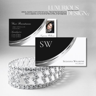 Black and White Silver Decor with Monogram & Photo Business Card