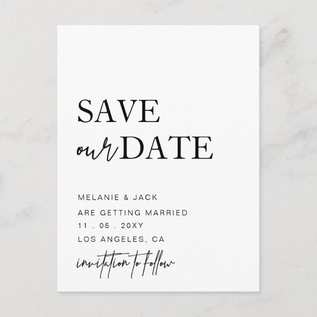 Black and White Simple Calligraphy Save The Date  Announcement Postcard (Front)