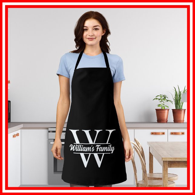Black and White | Simple Family Name Monogram  Apron (Creator Uploaded)