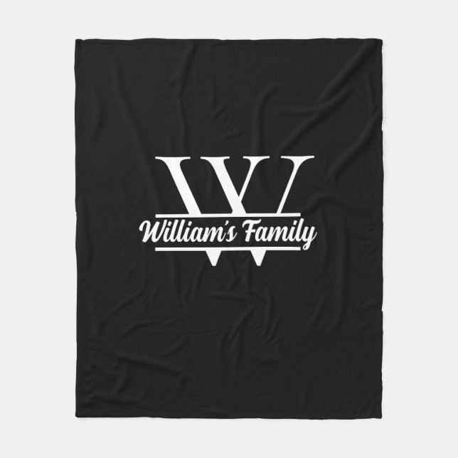 Black and White | Simple Family Name Monogram  Fleece Blanket (Front)