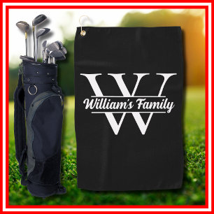Black and White   Simple Family Name Monogram  Golf Towel