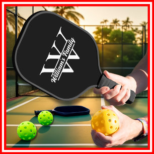 Black and White Simple Family Name Monogram Pickleball Paddle