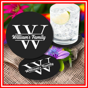 Black and White Simple Family Name Monogram Round Paper Coaster