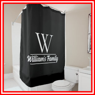 Black and White   Simple Family Name Monogram  Shower Curtain