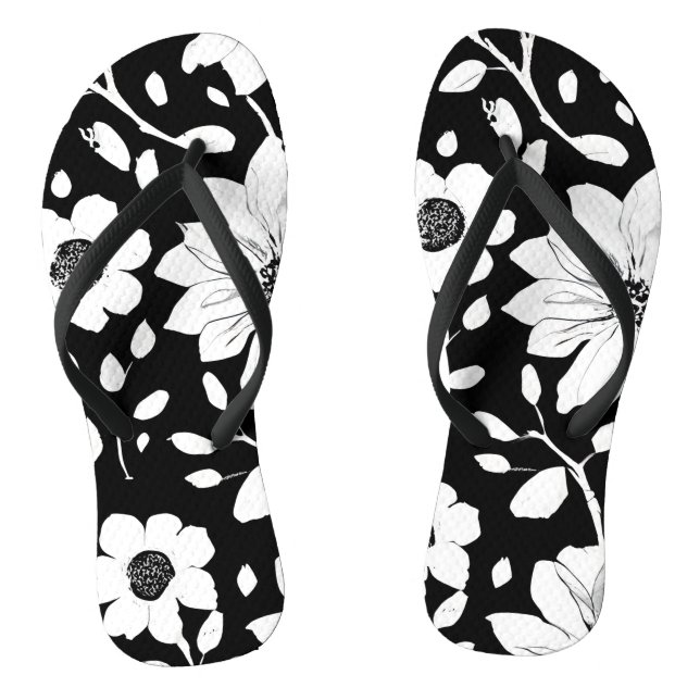Black and White Simple Flower Seamless Pattern Jandals (Footbed)