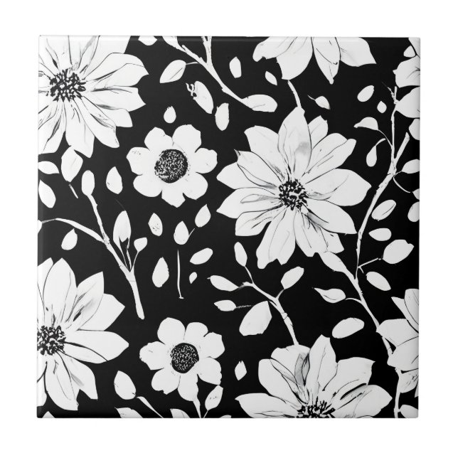 Black and White Simple Flower Seamless Pattern Tile (Front)