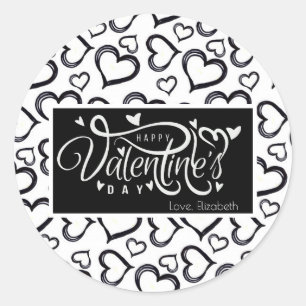 Black and White Simple Hearts Valentine Gift  Classic Round Sticker