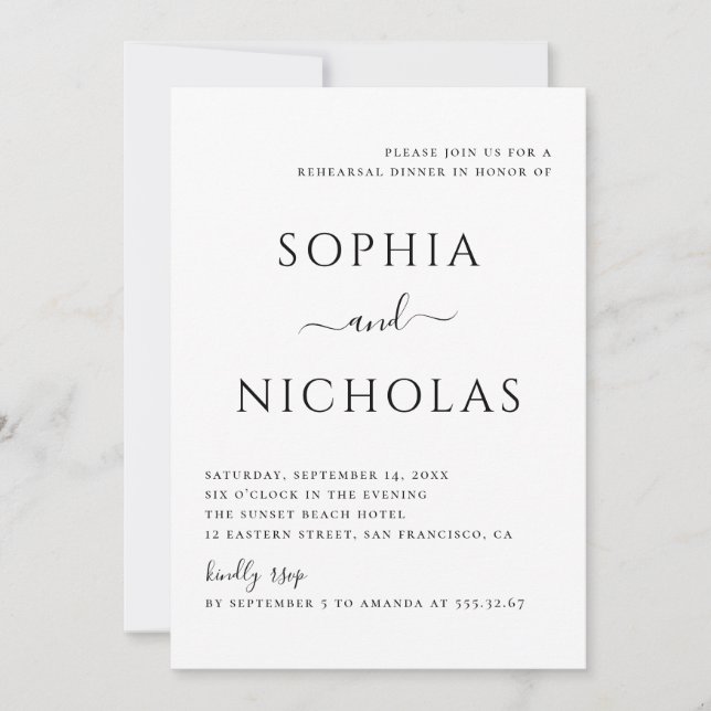 Black and white simple minimalist rehearsal dinner invitation (Front)