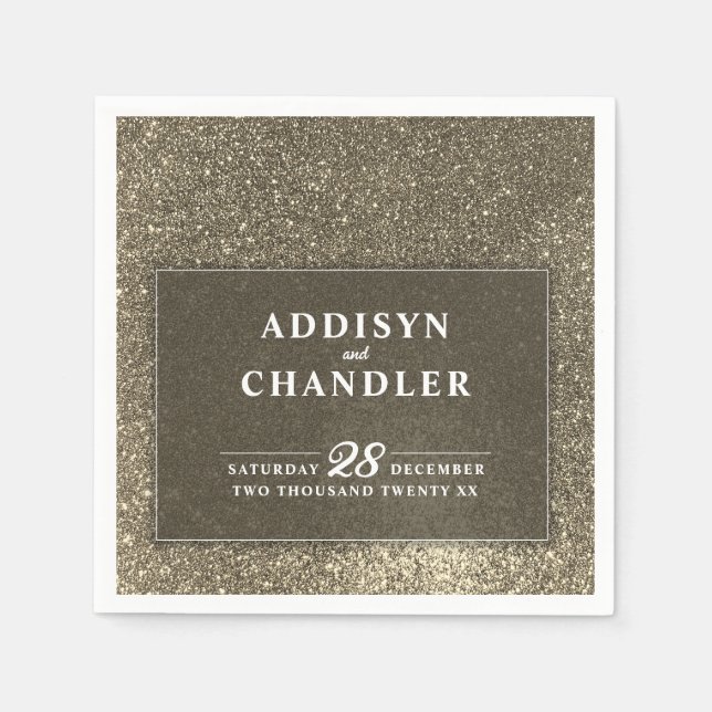 Black and White Simple Modern Wedding Gold Glitter Napkin (Front)