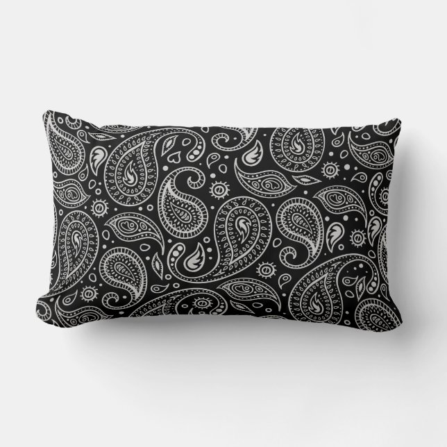 Black and White Simple Paisley Print Lumbar Cushion (Front)
