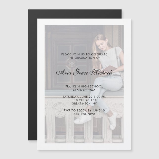 Black and White Simple Photo Graduation Party Magnetic Invitation (Front/Back)