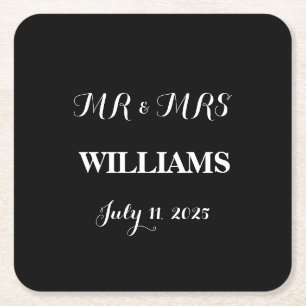 Black and White Simple Script Minimalist Wedding Square Paper Coaster