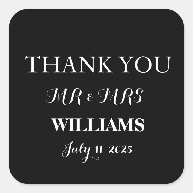 Black and White Simple Script Minimalist Wedding Square Sticker (Front)