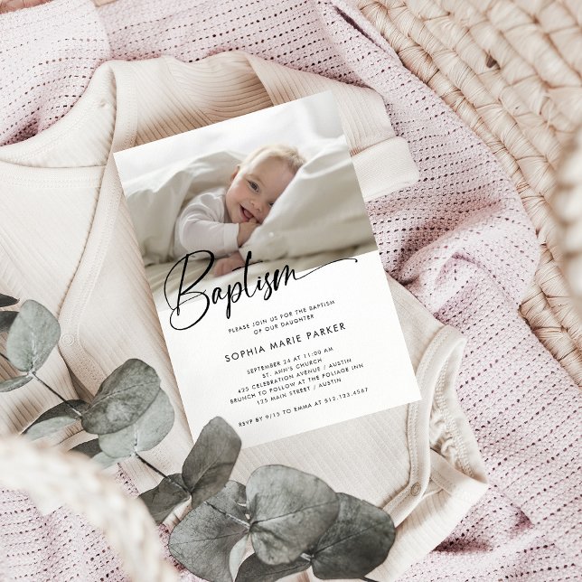 Black and White Simple Script | Photo Baptism Invitation (A simple and stylish, black and white Baptism invitation with your baby's photo)