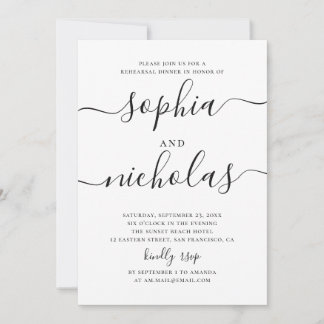 Black and white simple script rehearsal dinner invitation